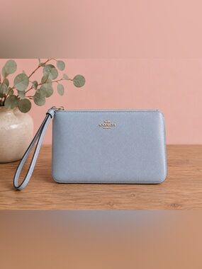 Coach Powder Blue Saffiano Leather Wristlet Clutch